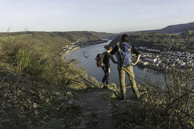 Rheinsteig, und im Hintergrund die Lorelei | © Manfred Terhaer