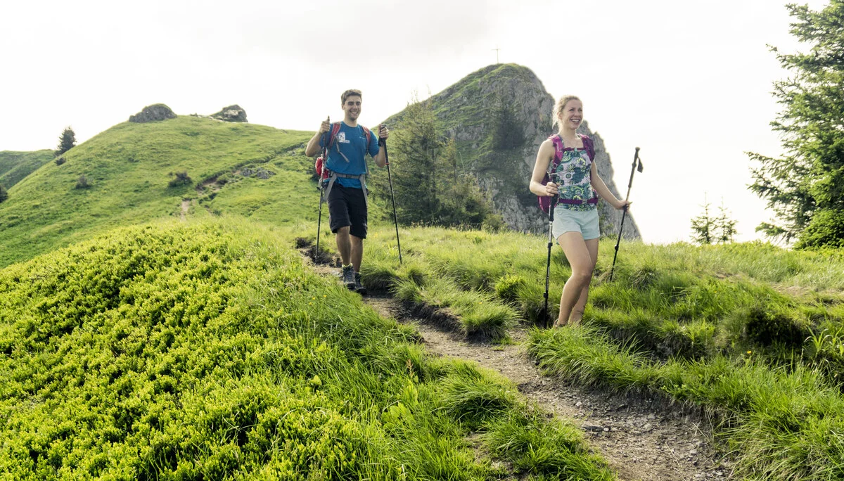 Zwei Wanderer auf den grünen Berghängen der Chiemgauer Alpen | © DAV/Hans Herbig