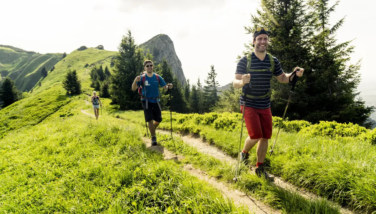 Zwei Wanderer auf den grünen Berghängen der Chiemgauer Alpen | © DAV/Hans Herbig